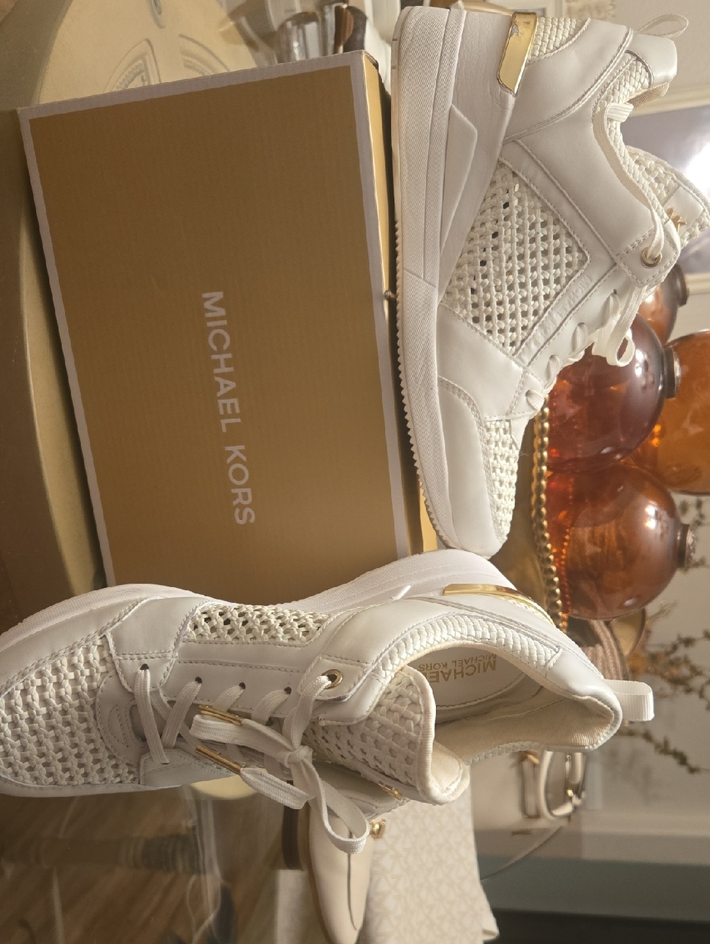 Michael Kors White and Gold Knit High-Top Sneakers